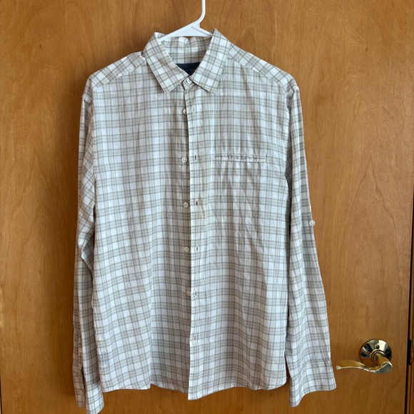 John Varvatos Mens Tan White Plaid Cotton Button Down Shirt Small - Picture 2 of 9